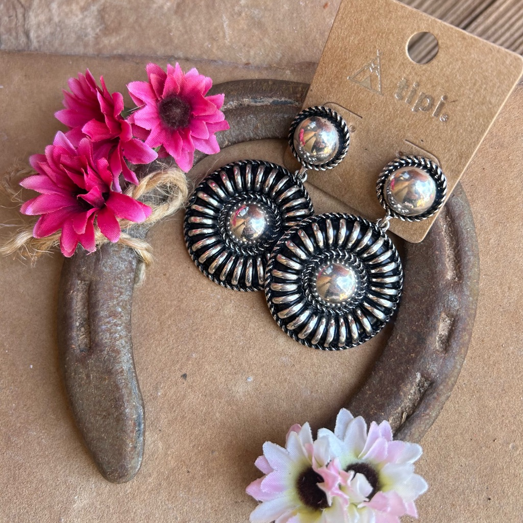Western Concho Circular Silver And Black Statement Earrings